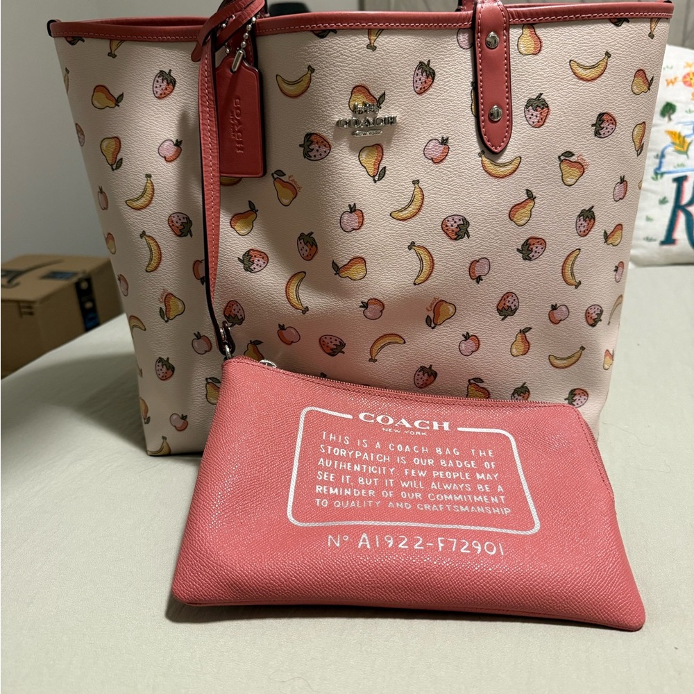 Coach Pink and Cream Tote with Fruit Design